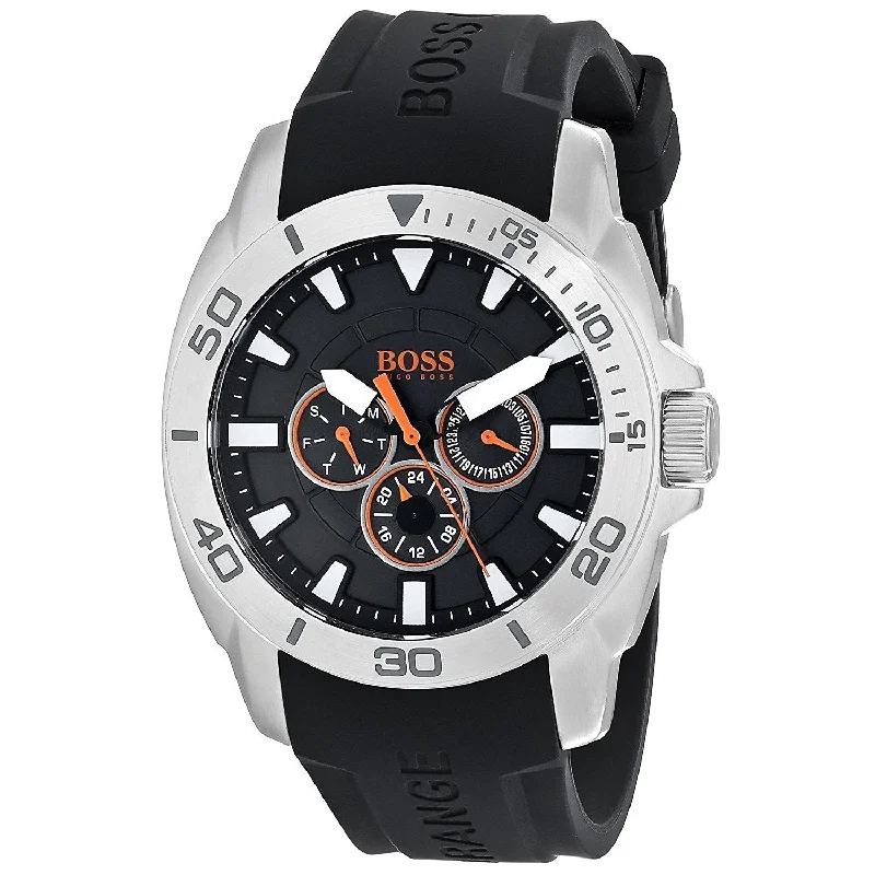 Luxury minimalist watches-Hugo Boss Men's 1512950 Orange Multi-Function Black Silicone Watch