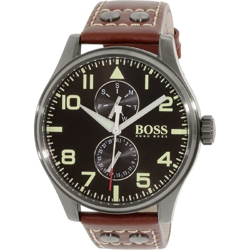 Eco leather watches-Hugo Boss Men's 1513079 Aeroliner Maxx Multi-Function Brown Leather Watch