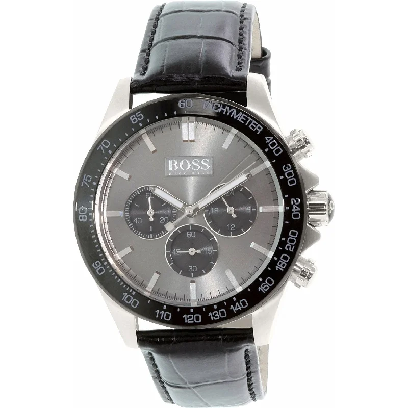 Patterned face watches-Hugo Boss Men's 1513177 Ikon Chronograph Black Leather Watch