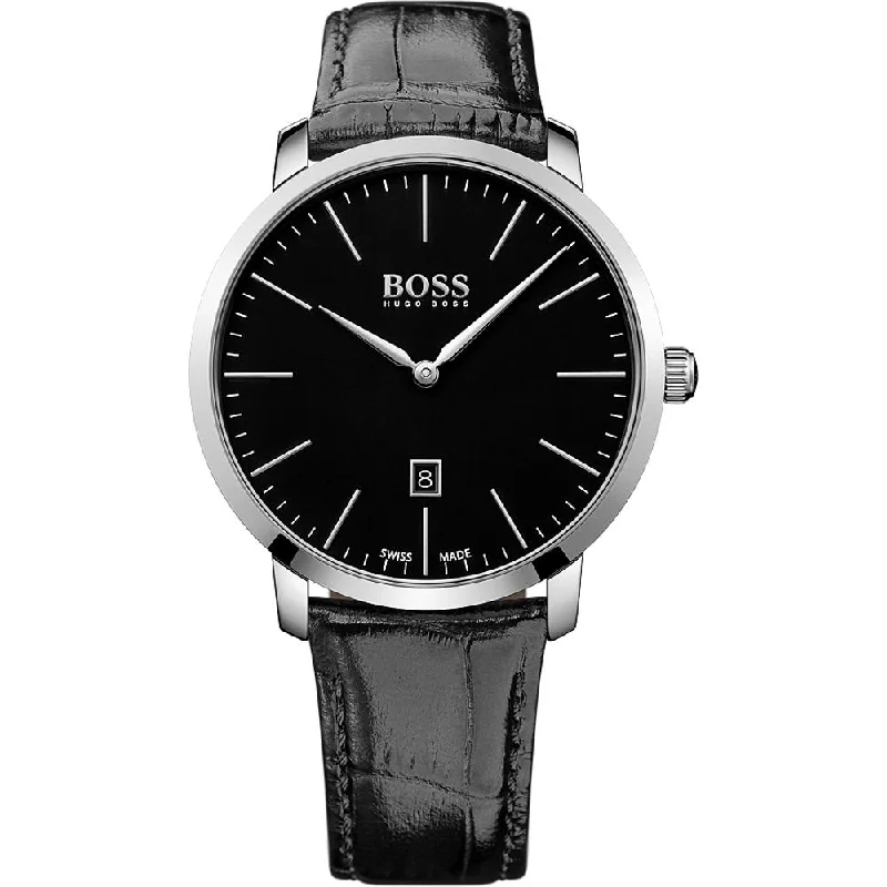 Matte finish watches-Hugo Boss Men's 1513258 Swiss Made Slim Black Leather Watch