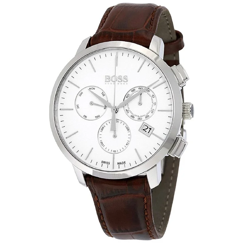 Crafted leather watches-Hugo Boss Men's 1513263 Swiss Made Slim Chronograph Brown Leather Watch