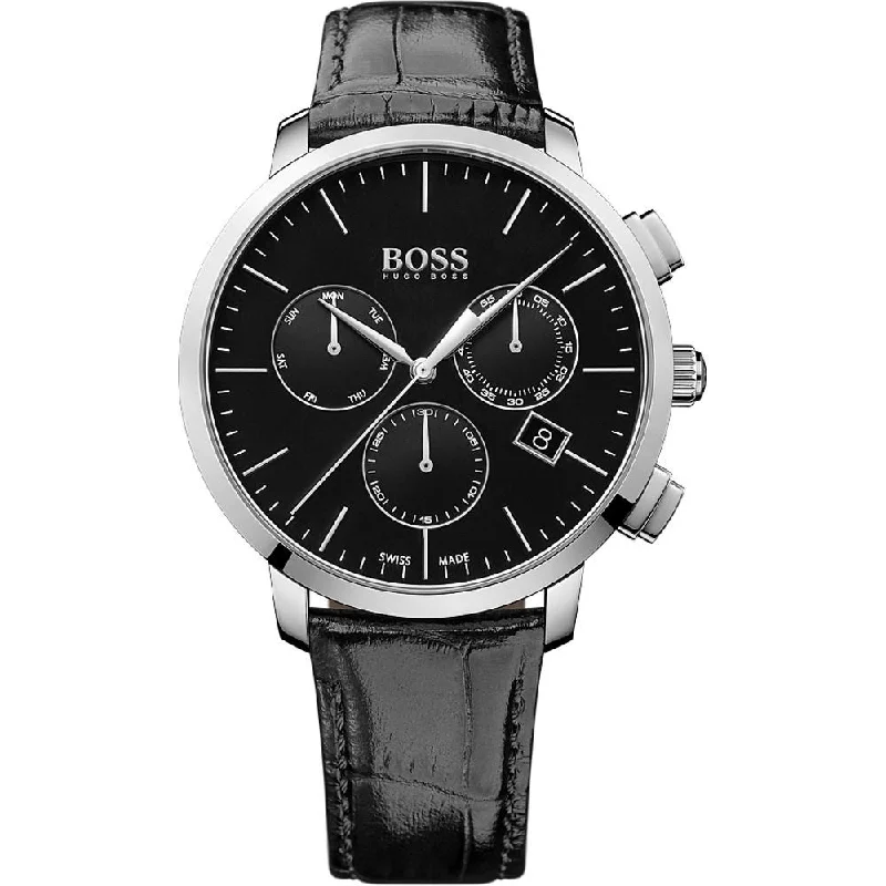 Floral bezel watches-Hugo Boss Men's 1513266 Swiss Made Slim Chronograph Black Leather Watch