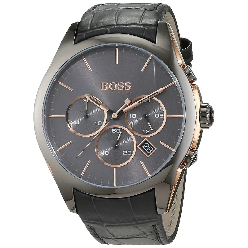 Crystal face watches-Hugo Boss Men's 1513366 Onyx Chronograph Black Leather Watch