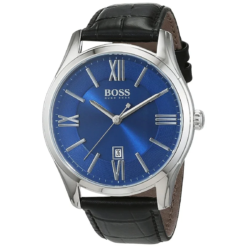 Sapphire dial watches-Hugo Boss Men's 1513386 Ambassador Black Leather Watch