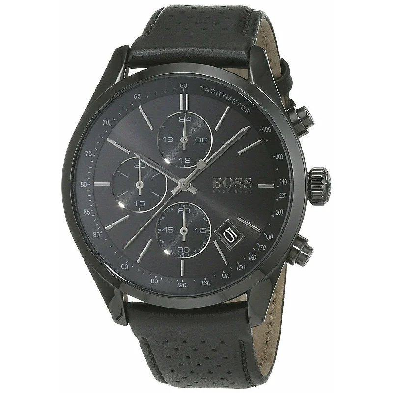 Casual canvas watches-Hugo Boss Men's 1513474 Grand Prix Chronograph Black Leather Watch