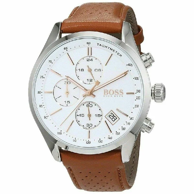 Petite face watches-Hugo Boss Men's 1513475 Grand Prix Chronograph Brown Leather Watch