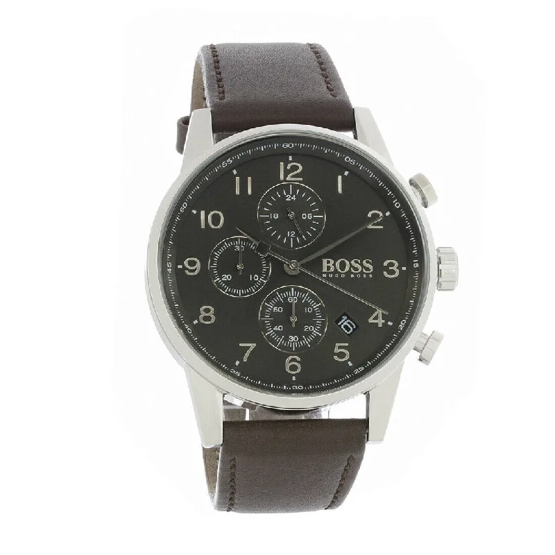 Engraved case watches-Hugo Boss Men's 1513494 Navigator Chronograph Brown Leather Watch