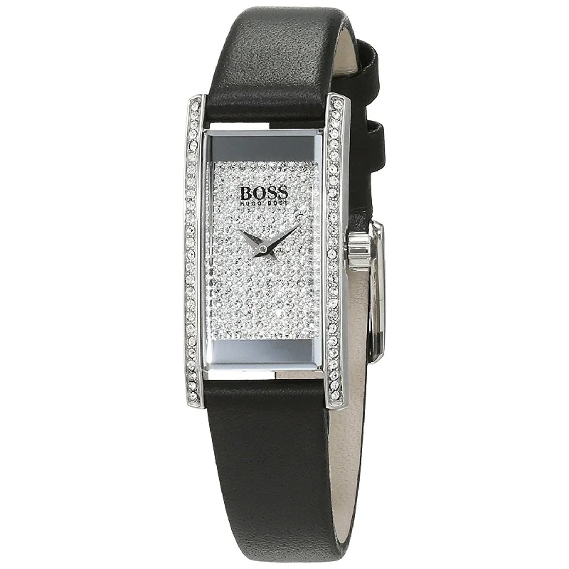 Square dial watches-Hugo Boss Women's 1502389 Cocktail Crystal Black Leather Watch