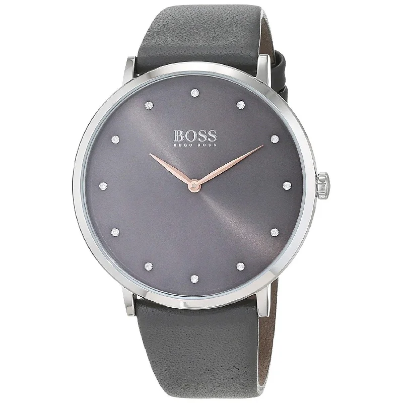 Gem encrusted watches-Hugo Boss Women's 1502413 Jillian Grey Leather Watch