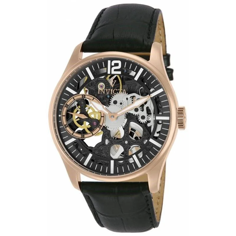 Elegant gold watches-Invicta Men's 12408 Mechanical Multi-Function Black Leather Watch