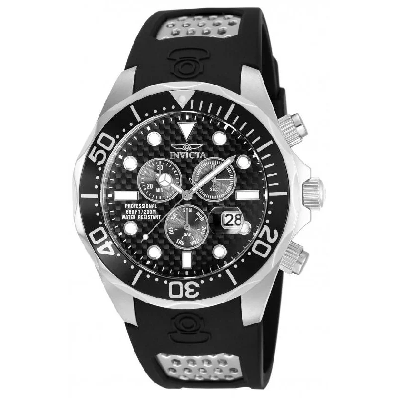 Slim metal watches-Invicta Men's 12571 Pro Diver Chronograph Black and Silver Inserts Polyurethane and Stainless Steel Watch