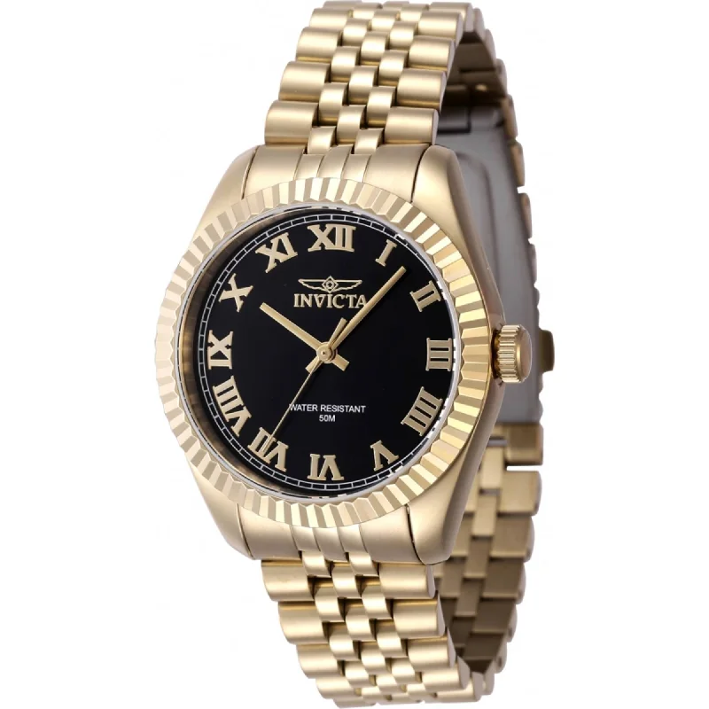 Rose gold face watches-Invicta Women's Quartz Watch - Specialty Black Dial Yellow Gold Bracelet | 47417