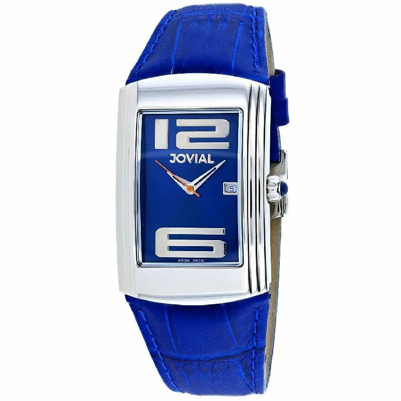 Engraved case watches-Jovial Men's 08004-GSL-03 Classic Blue Leather Watch