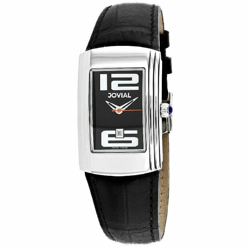 Rectangular face watches-Jovial Women's 08007-LSL-04 Classic Black Leather Watch