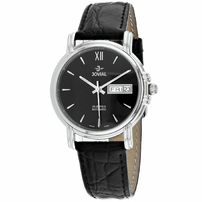 Gemstone accent watches-Jovial Women's 11003-GSLA-04 Classic Black Leather Watch